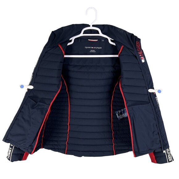 Tommy Hilfiger Women M Puffer Hooded Jacket Branded Strip Down Sleeves Flag Logo - Picture 6 of 16